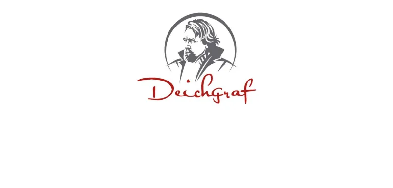 Logo Restaurant Deichgraf: grau gezeichnetes Porträt eines Mannes mit Mantelkragen im Kreis, darunter der Schriftzug »Deichgraf« in Rot