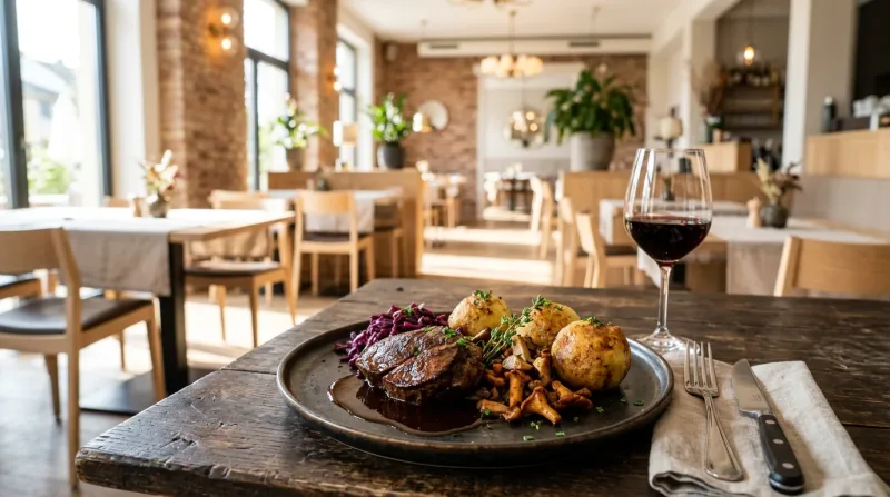 Symbolfoto, KI-generiert: Wildbraten mit Rotkohl, Klößen und Pfifferlingen, dazu ein Glas Rotwein, auf einem Holztisch in einem hellen Restaurant