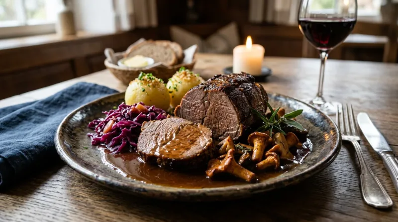 Symbolfoto, KI-generiert: aufgeschnittener Wildbraten mit Rotkohl, Klößen, Pfifferlingen und Soße, daneben Rotwein, Brotkorb und Kerze auf einem Holztisch
